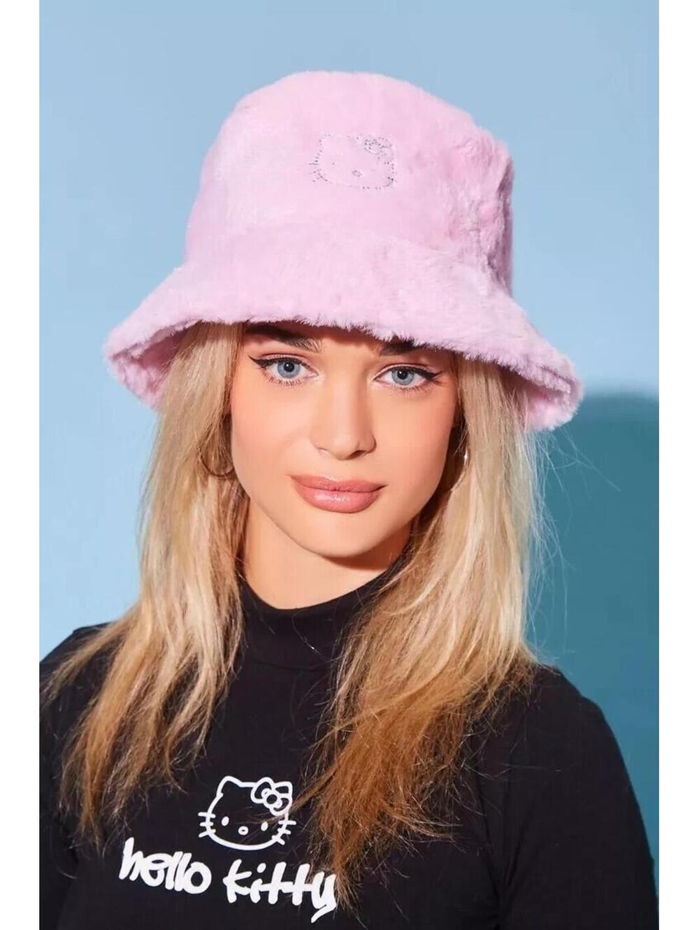Hello Kitty Pink Bucket Hat Sanrio Fuzzy Winter Hat Cute Rhinestone Accent, GUC